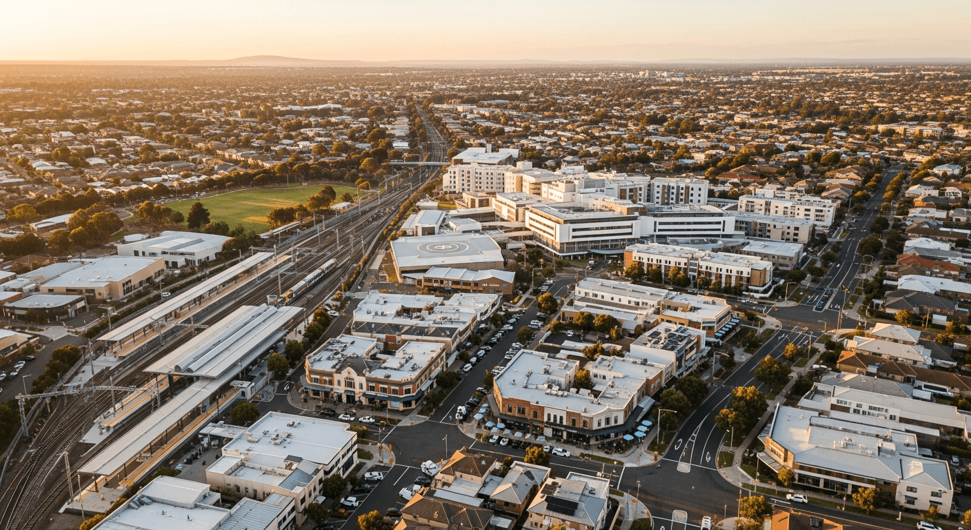 Aerial view of Australian suburban neighbourhood showing infrastructure, transport links and commercial areas representing property demand drivers