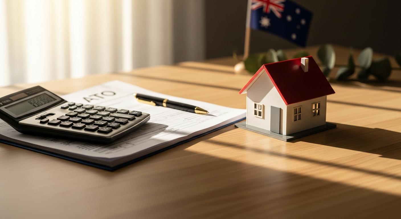 Financial planning documents and miniature house model on desk representing capital gains tax calculations for Australian investment property