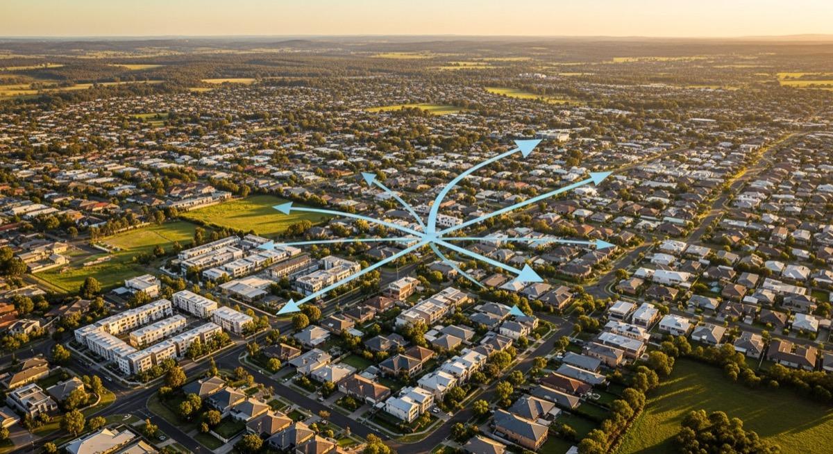 Aerial view of Australian suburban landscape showing population movement and migration patterns across diverse housing types