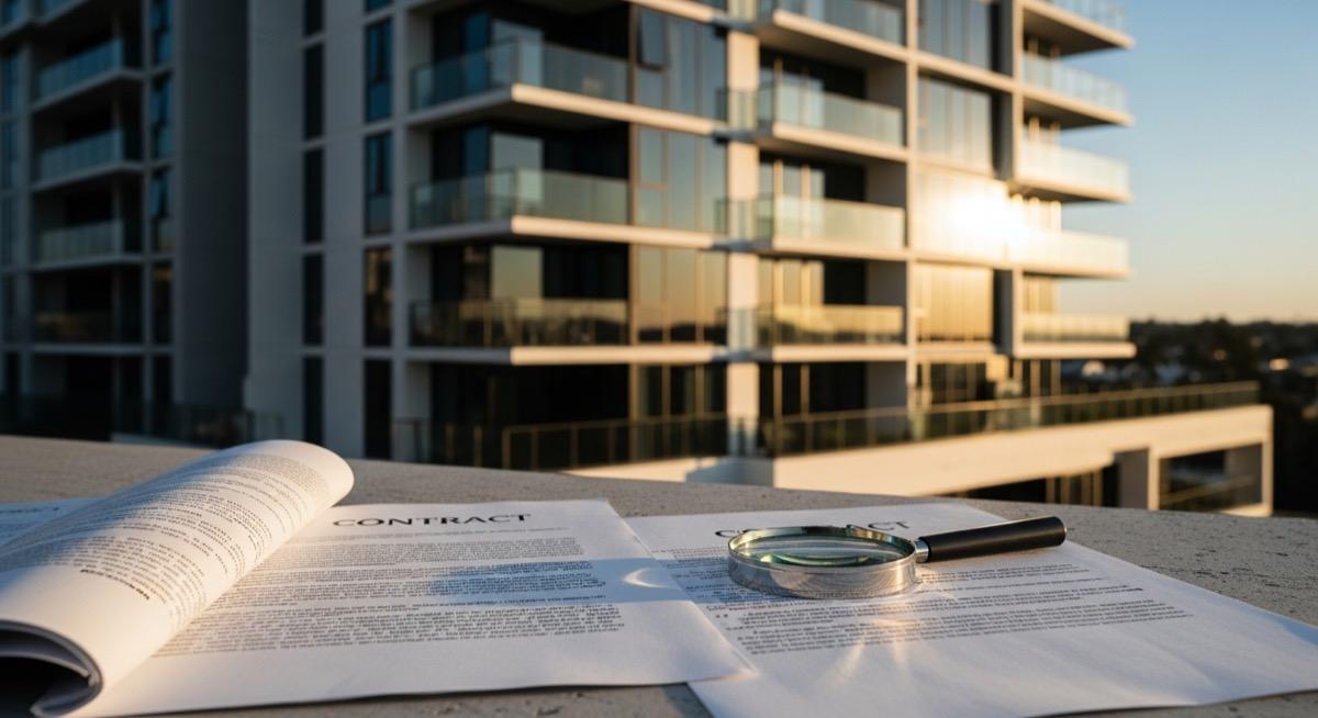 Modern Australian apartment building with contract documents and magnifying glass suggesting property investment due diligence