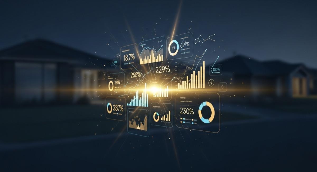 Abstract property market analytics dashboard with data metrics on dark navy background representing vendor negotiation and distress scoring
