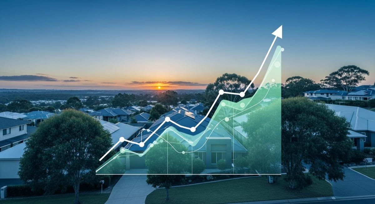 Australian suburb rental growth trends shown as upward line graph overlaid on residential property landscape
