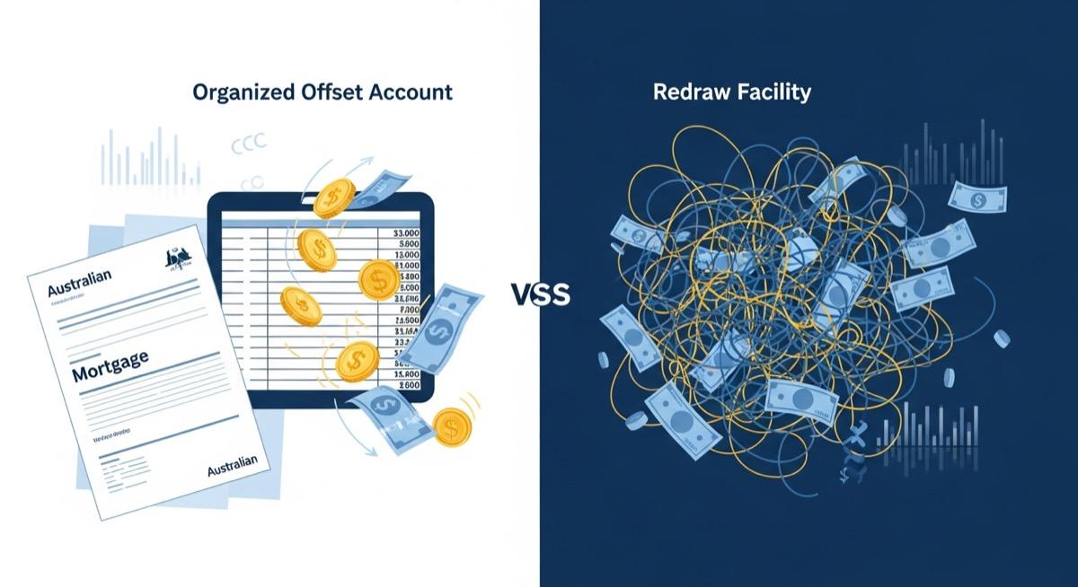 Split comparison illustration showing mortgage offset account versus redraw facility for Australian property investors