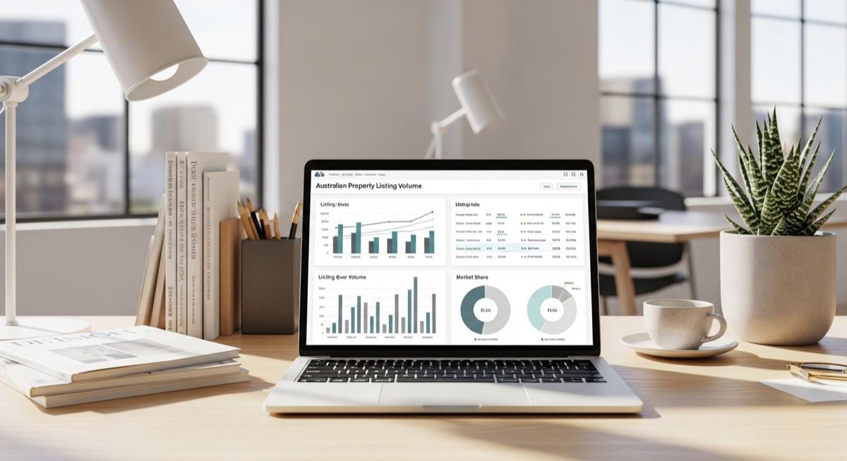 Property market data dashboard showing new listings volume trends and absorption rate charts for Australian suburbs