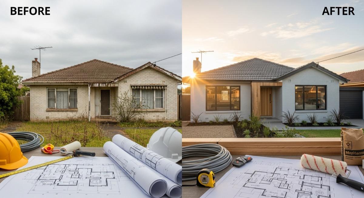 Australian property renovation concept showing architectural plans, construction materials, and a suburban house transformation for value-add investment