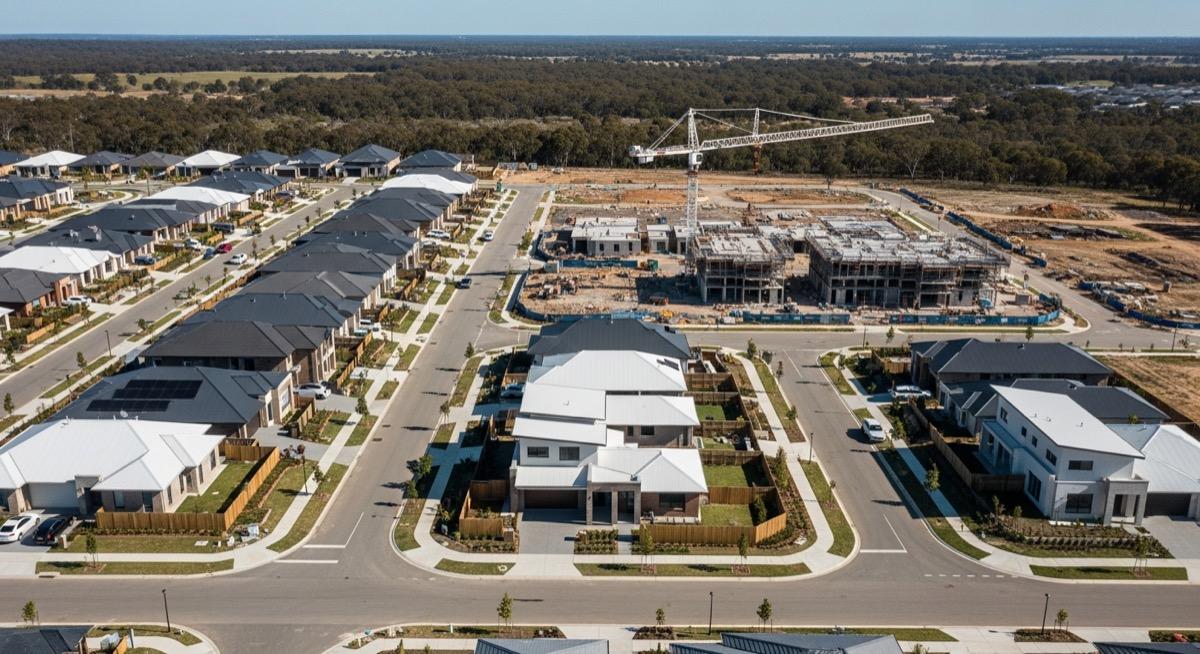 Aerial view of modern Australian suburban development with new housing estates under construction, illustrating building approvals and supply pipeline data