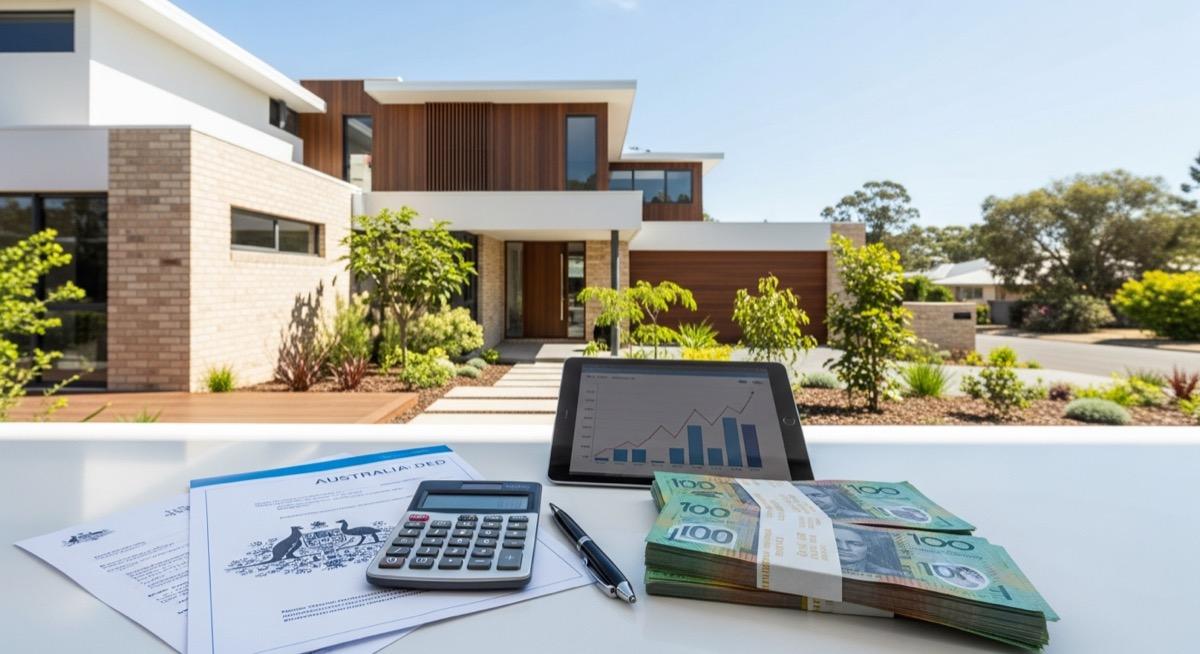 Modern Australian house exterior with financial documents illustrating stamp duty costs on investment property across states and territories