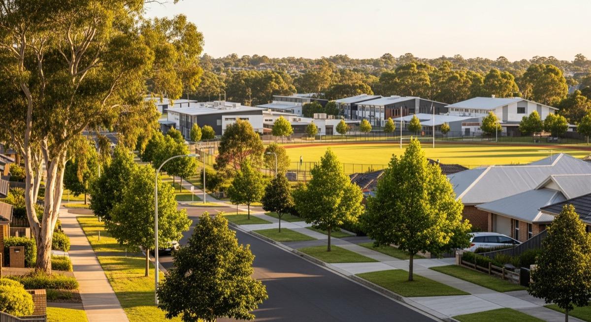 Australian suburban neighbourhood with school buildings and tree-lined streets representing school catchment property investment