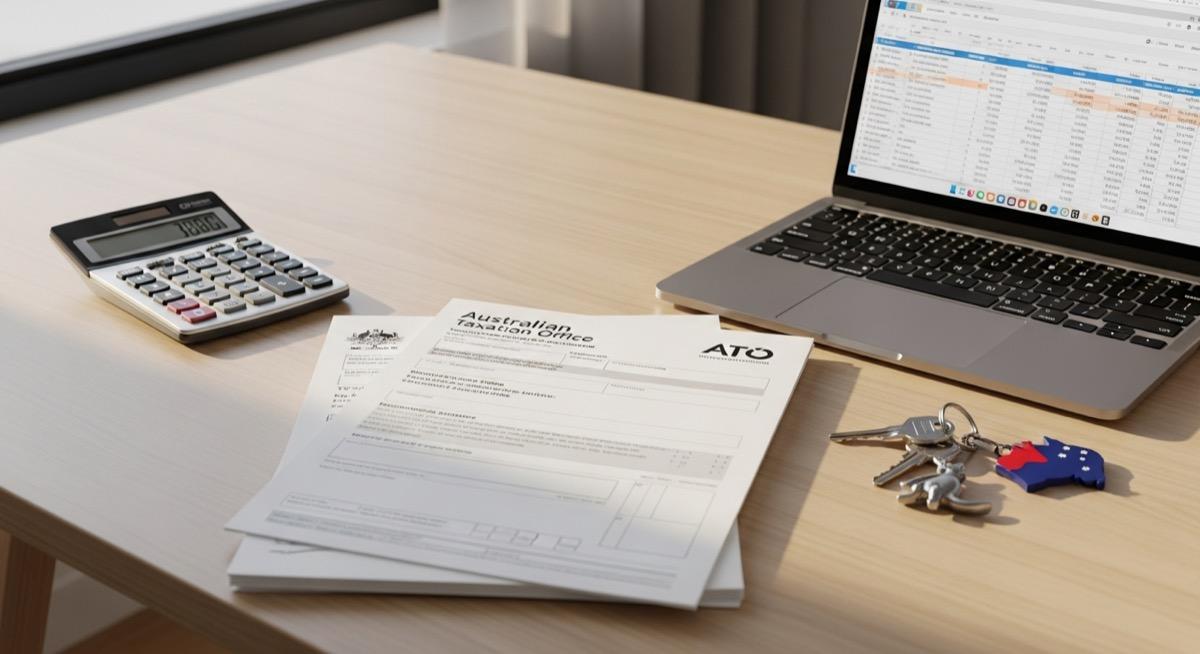 Tax documents calculator and laptop on desk representing property investment tax time preparation