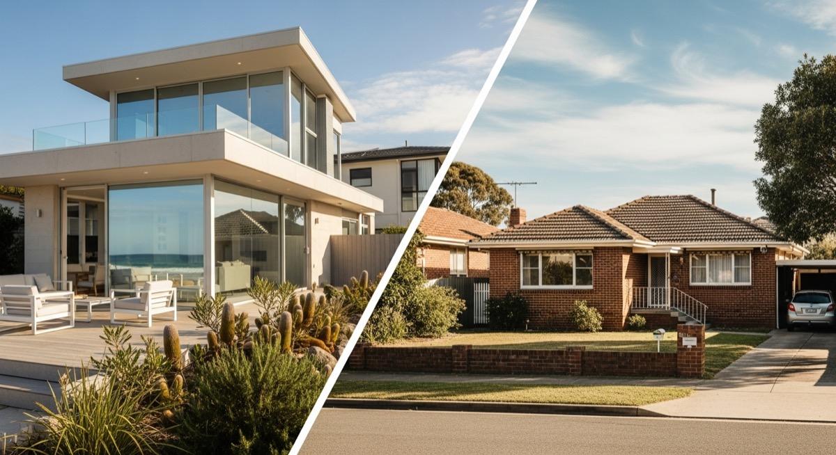 Australian beachside holiday rental property next to suburban investment house comparing short-term and long-term rental strategies