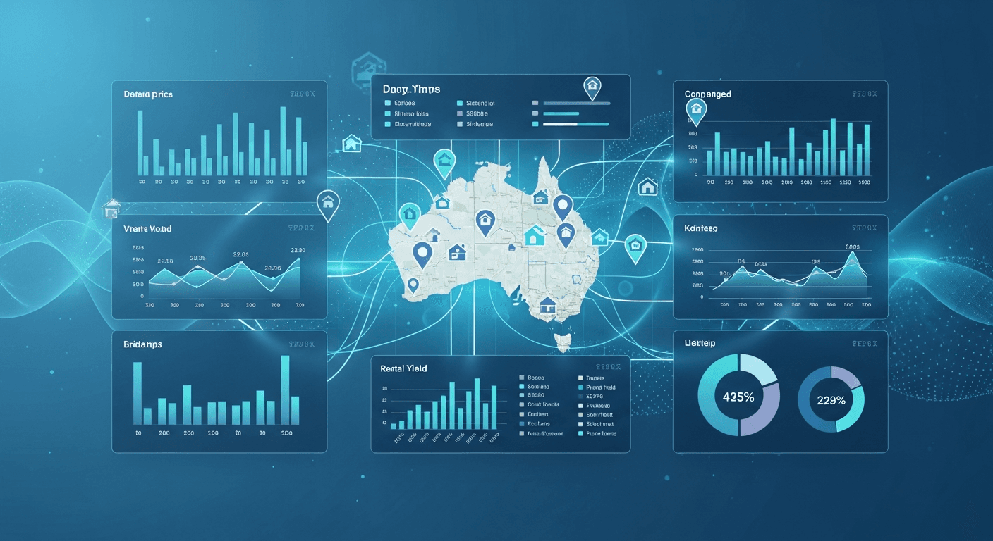 Data analytics dashboard showing property investment metrics and data sources powering Picki